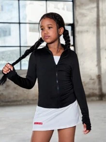 SHEIN Tween Girls Solid Color Fitted Knit Casual Long Sleeve Sports Jacket - Black - View 7