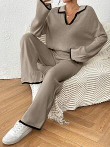 Joy Knit Women Casual Dropped Shoulder Loose V-Neck Contrast Binding Sweater And Loose Wide Leg Knit Pants Set - Khaki - View 3