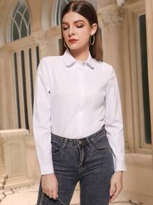 Modelyn Camisa de botones delanteros sólidos, blusas de manga larga