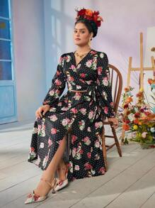 Frida Kahlo X SHEIN Plus Size Elegant Sexy Basic Black Floral & Figure Graphic Artistic Polka Dot Print Blouse & Split Midi Skirt 2-Piece Set, Autumn/Winter