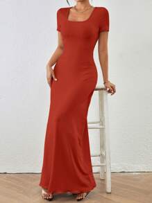 SHEIN Clasi Vestido elegante de unicolor, de manga larga, ajustado y con cuello cuadrado para mujer