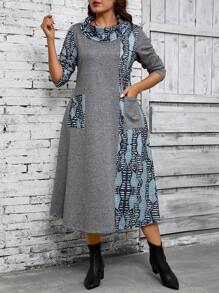 EMERY ROSE Plus Size Lange Herfstjurk Dames Effen Kleur Bedrukt Eenvoudige Dagelijkse Lange Mouw Jurk, Herfst Dameskleding