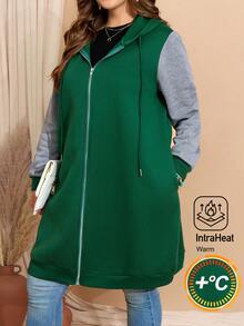 EMERY ROSE Plus Size Fuzzy Women Contrast Color Hooded Long Sleeve Jacket,Fall Women Clothes - Dark Green - View 7