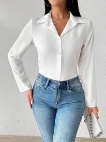 Chiquease Camisa casual de mujer de unicolor de manga larga con botones delanteros, lazo trasero y espalda descubierta