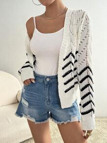 SHEIN LUNE Women's Spring/Autumn Casual Colorblock Striped Hollow-Out Knitted Cardigan - White - View 6
