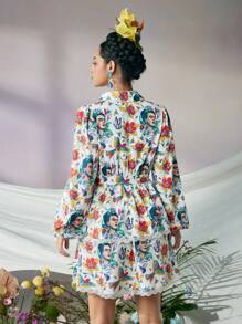 Frida Kahlo X SHEIN Women Surrealism Floral Print Contrast Lace White Long Sleeves  Mini Dress,Fall/Autumn - Multicolor - View 2