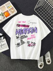 SHEIN Áo thun dệt kim ngắn tay thường ngày dành cho bé trai Tween có in chữ phong cách đường phố và đường viền cổ tròn - trắng - Xem 4