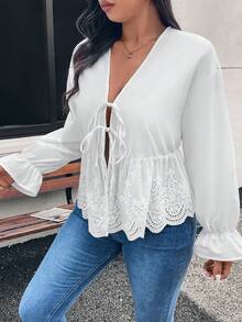 SHEIN Frenchy Áo cánh dài tay thêu cổ bẻ thiết kế kiểu Pháp thanh lịch giản dị thời trang cỡ lớn cho nữ - trắng - Xem 6