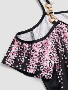 SHEIN LUNE Đầm mini thời trang in họa tiết thời trang cho nữ có dây đeo vai tròn khóa kéo - màu đen - Xem 4