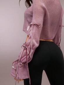 SHEIN Unity Áo cánh nữ cổ tròn tay dài buộc dây thời trang thiết kế lưới cắt cúp lãng mạn nhẹ nhàng thanh lịch - Màu tím hoa cà - Xem 4