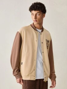 Manfinity VCAY Men's Fashionable Casual Patchwork Zip Up Long Sleeve Jacket, For Fall Winter - Khaki - View 2