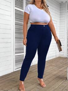 SHEIN CURVE+ Plus Size Slimming Leggings Pants - Navy Blue - View 6