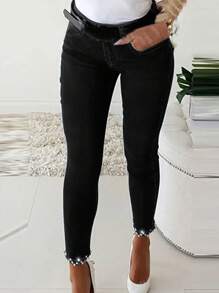 Women's & Youthful Rhinestone Embellished Skinny Fit Jeans - 黑色 - 查看 3