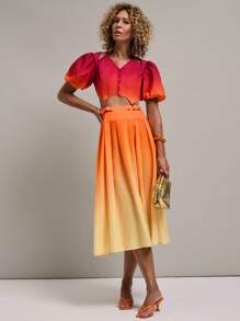SHEIN Unity 2 件女式前扣渐变色衬衫和百褶裙休闲套装 - 彩色 - 查看 5