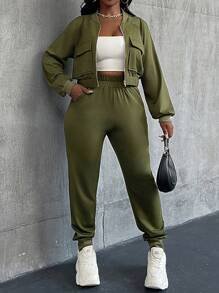 VaVaBold 2 piezas Conjunto de pantalones jogger de punto con bolsillos frontales con cremallera para mujer, otoño - Verde militar - Ver 3