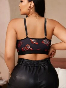 Plus Size Women Butterfly Print Lace Patchwork Bra - Black - View 2