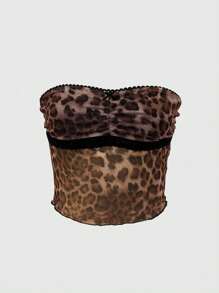 INAWLY Blusa sexy de mujer talla grande con adorno de malla, estampado de leopardo y flores