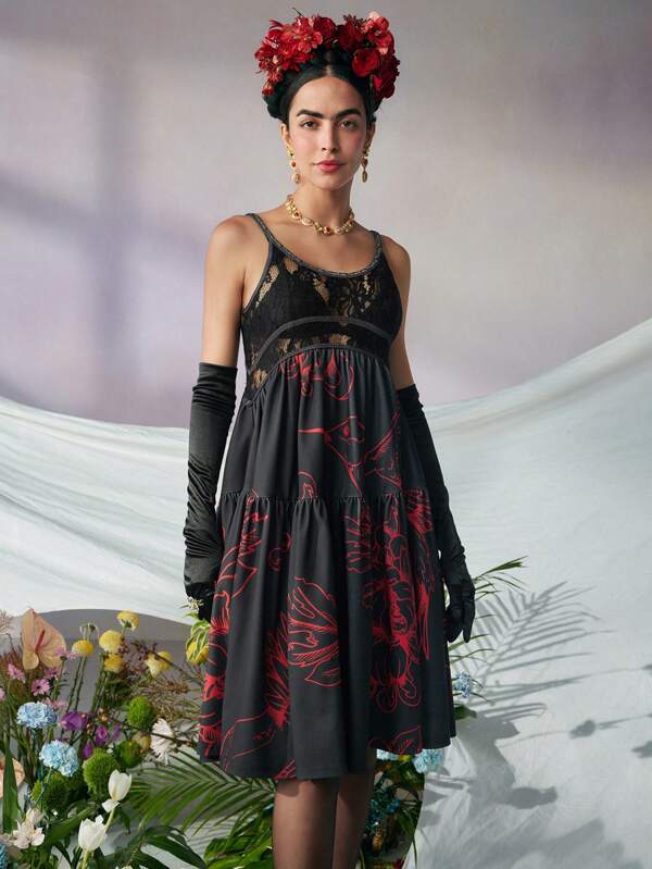 KATHARSIS Frida Kahlo X SHEIN X Designer 对比色蕾丝花卉印花吊带连衣裙，节日、派对、感恩节、生日服装，春夏、节日