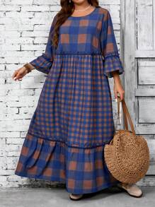EMERY ROSE Plus Size Women Plaid Patchwork Long Dress, Fall - Multicolor - View 5