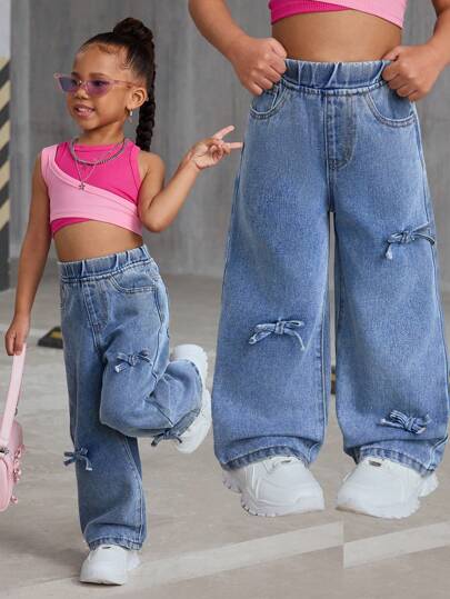 SHEIN Young Girl Y2K Vintage Blue Bow Decor Loose Straight Leg Jeans, Back To School Cute