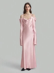 Ontre Elegant Fitted Off Shoulder Bell Sleeve Fish Tail Silk Party Dress, Pink Pastel Dress