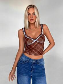 Aloruh Women's Street Daily Simple Casual Elegant Inner Top Knitted Daily Coffee Color Plaid Contrast Color Frill Bow Decorative Tank Top - Multicolor - View 4