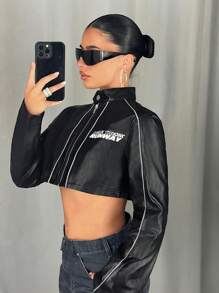 SHEIN ICON Áo khoác bomber đua xe thời trang Y2k Streetwear bằng da PU dài tay in chữ có khóa kéo cắt cúp thời trang xuân thu cho nữ - màu đen - Xem 4