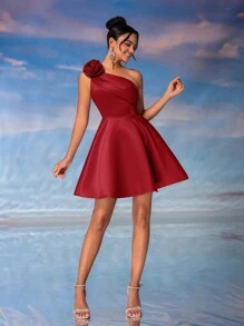 Lovelzi Elegant Luxurious 3D Floral Asymmetrical Neck Ruffle Prom Mini Homecoming Dress, Semi Formal Dress, For Birthday, Wedding Guest, Graduation Party Dress