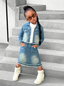 Girls' Distressed Denim Jacket And Skirt 2-Piece Set - Medium Wash - View 1