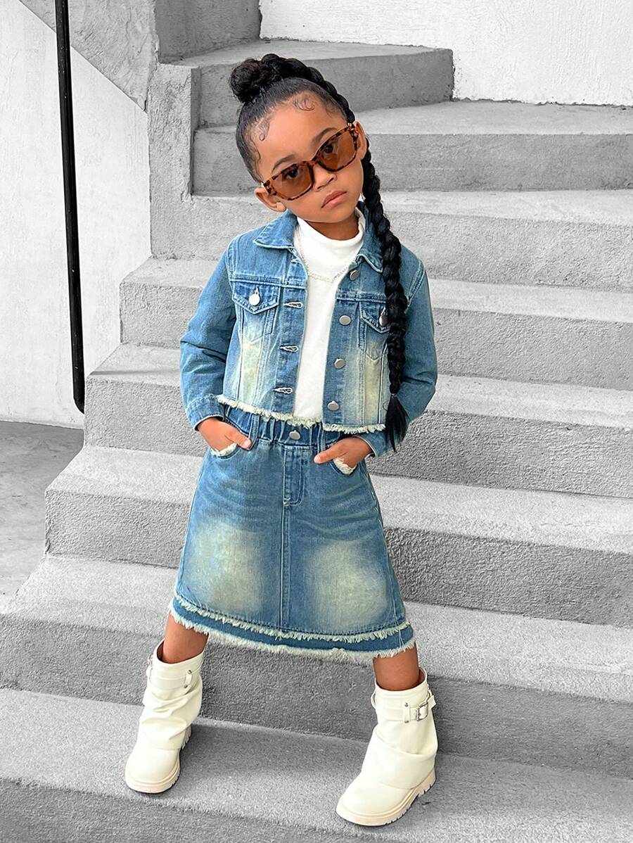 Girls' Distressed Denim Jacket And Skirt 2-Piece Set - Medium Wash - View 1