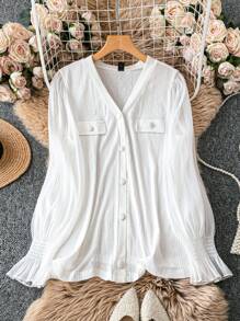 SHEIN Clasi Plus Size Solid Color Button Front Long Sleeve Casual Blouse - White - View 1