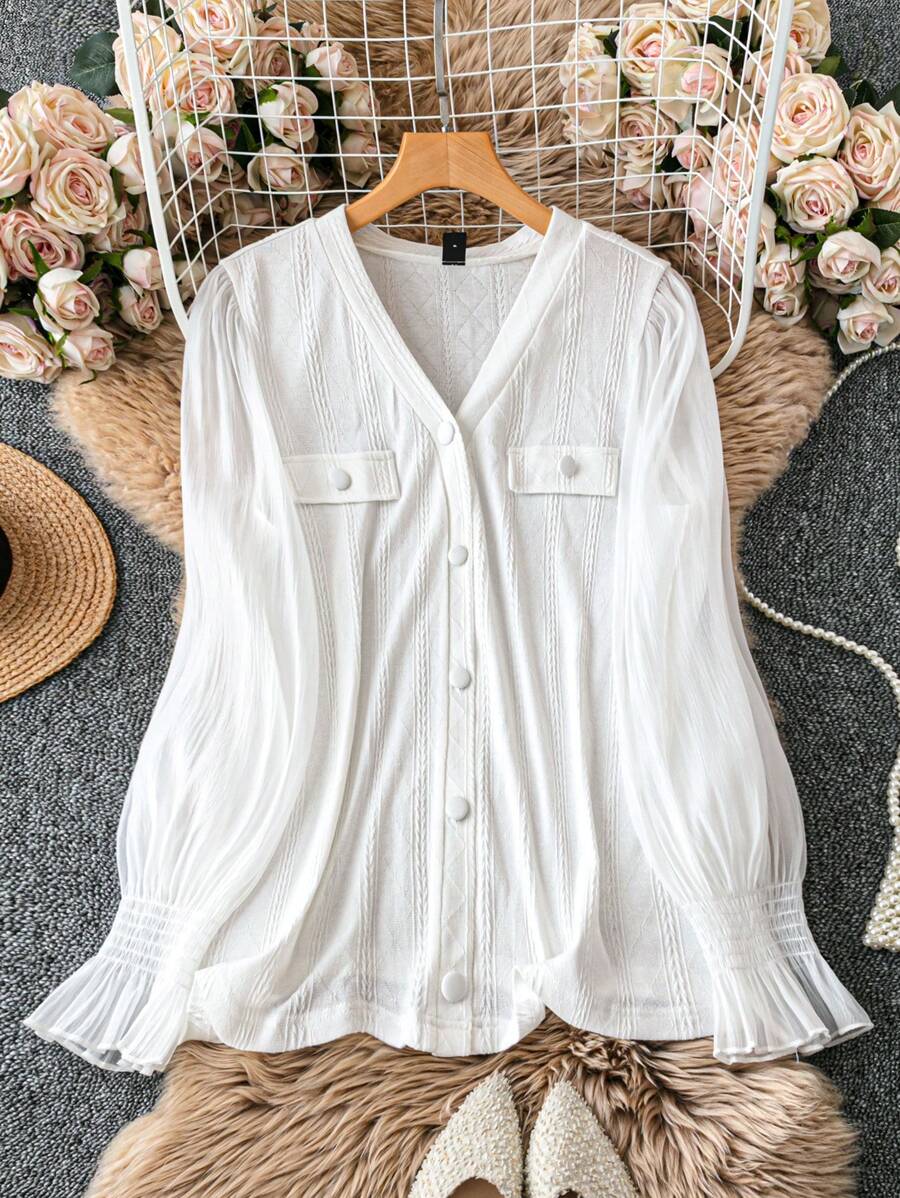 SHEIN Clasi Plus Size Solid Color Button Front Long Sleeve Casual Blouse - White - View 1