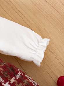 3 件套女婴冬季天鹅绒娃娃领结上衣、优雅酒红色格子裙和简约复古大衣套装