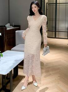Vestido de encaje con cuello en V y envolvente para mujer, vestido de fiesta de cumpleaños, con volantes, vestido largo de manga larga elegante para mujer - Blanco - Ver 7