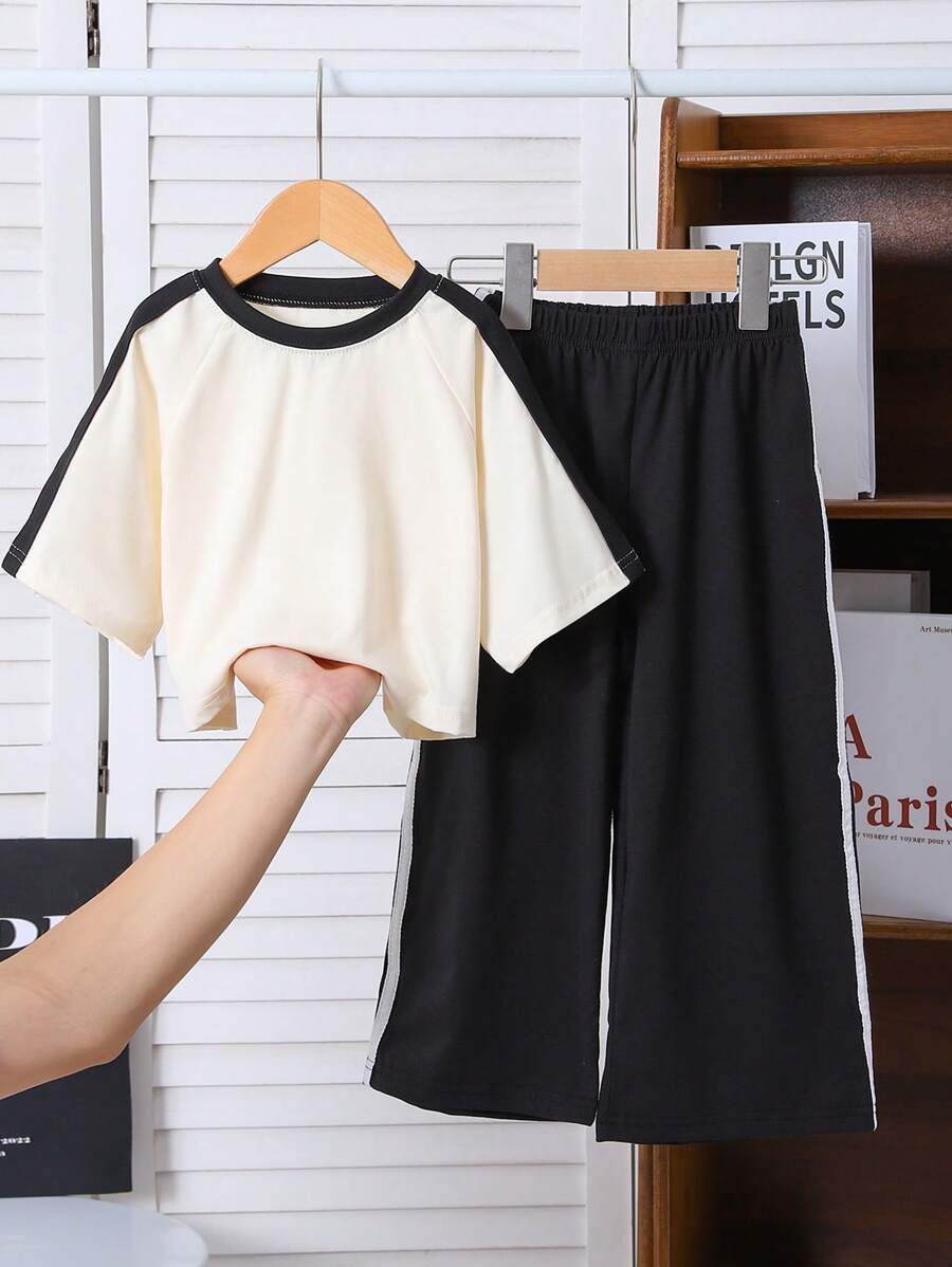 SHEIN Bộ 2 quần ống rộng in nơ sọc đen trắng cho bé gái, thích hợp cho kỳ nghỉ, đi chơi, tụ tập thường ngày, mùa hè và mùa xuân - Màu be - Xem 1