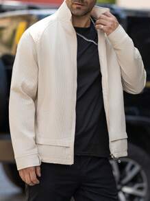 Manfinity Homme Men Textured Knit Cardigan Jacket, Stand Collar, Beige, Fall - White - View 4