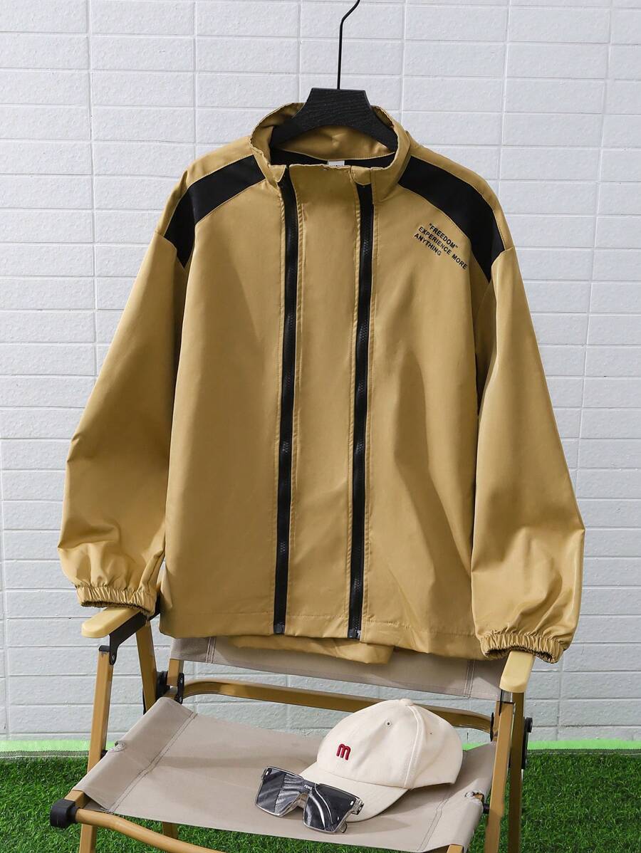 Teenage Boys' Contrast Color Zip-Up Casual Windbreaker Jacket, Autumn - Khaki - View 1