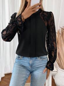 SHEIN Clasi Blusa negra elegante de manga larga con contraste de encaje para mujer, primavera y verano - Negro - Ver 5