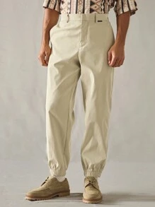 Manfinity VCAY Men's Casual Loose Fit Solid Color Drawstring Elastic Waist Straight Leg Pants - Khaki - View 1
