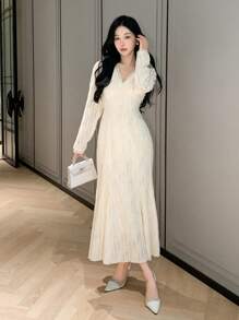 DAZY Váy dự tiệc midi vải họa tiết cổ chữ V dành cho nữ, váy dự tiệc sinh nhật, tiệc đêm giao thừa, váy mùa thu thanh lịch dành cho nữ - Màu be - Xem 1