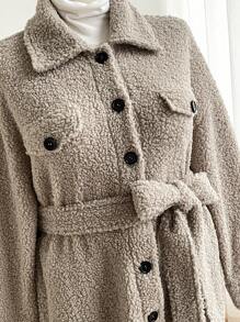 SHEIN Frenchy Plus Size Women's Cinched Waist Arc Hem Jacket With Bow Tie Belt - Coffee Brown - View 6