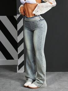 SHEIN PETITE Casual Washed Slim Flared Jeans - Blue - View 6