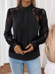 SHEIN Clasi Blusa negra elegante de manga larga con contraste de encaje para mujer, primavera y verano - Negro - Ver 3