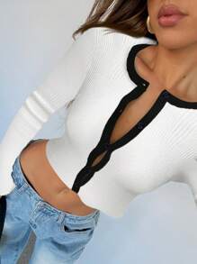 SHEIN EZwear Camiseta elegante de ajuste ceñido de unicolor, de mangas largas y cuello de tripulación con botones para mujer