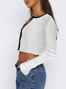 SHEIN EZwear Camiseta elegante de ajuste ceñido de unicolor, de mangas largas y cuello de tripulación con botones para mujer