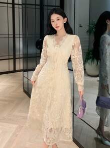 DAZY 女士优雅婚礼宾客蕾丝 V 领连衣裙，春季、秋季服装长袖连衣裙 - 米色 - 查看 5