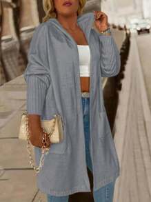Calvaya Plus Size Women Hooded Long Sleeve Solid Color Casual Loose Comfortable Cardigan, For Winter - Grey - View 1