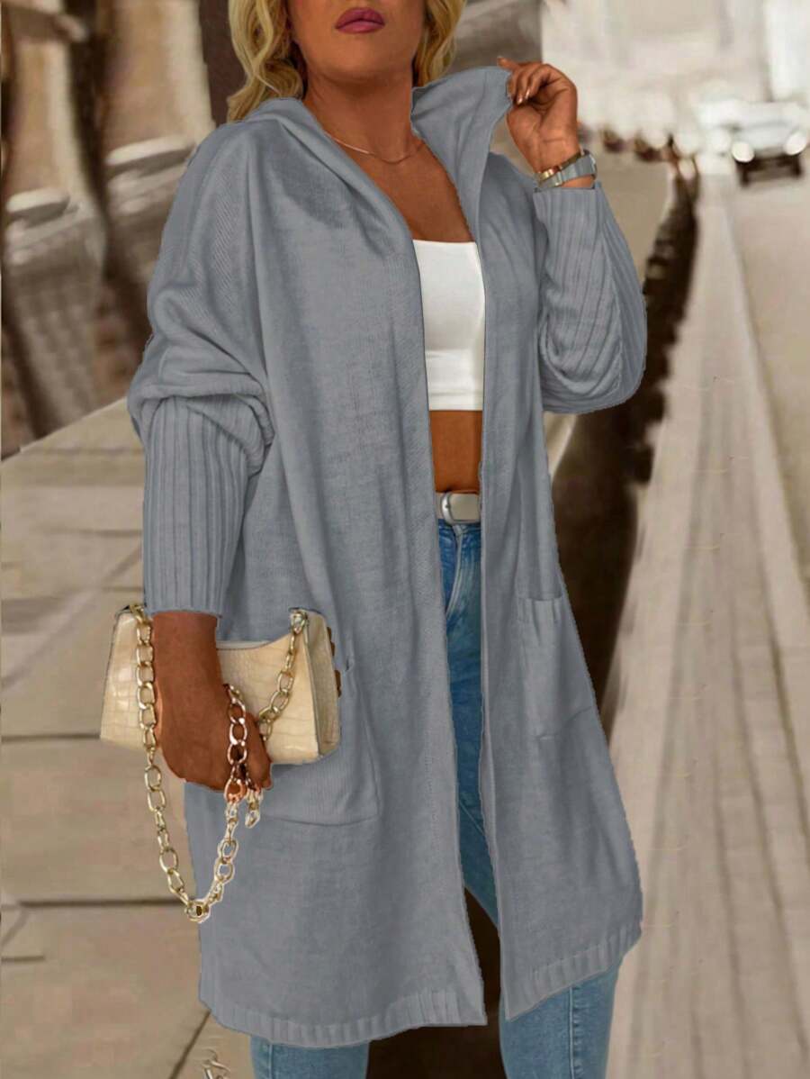Calvaya Plus Size Women Hooded Long Sleeve Solid Color Casual Loose Comfortable Cardigan, For Winter - Grey - View 1