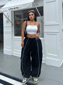 Vibekara Plus Size Women Elastic Waist Drawstring Cargo Pants With Hem Embellishment Fall Cloth For Women - Black - View 5