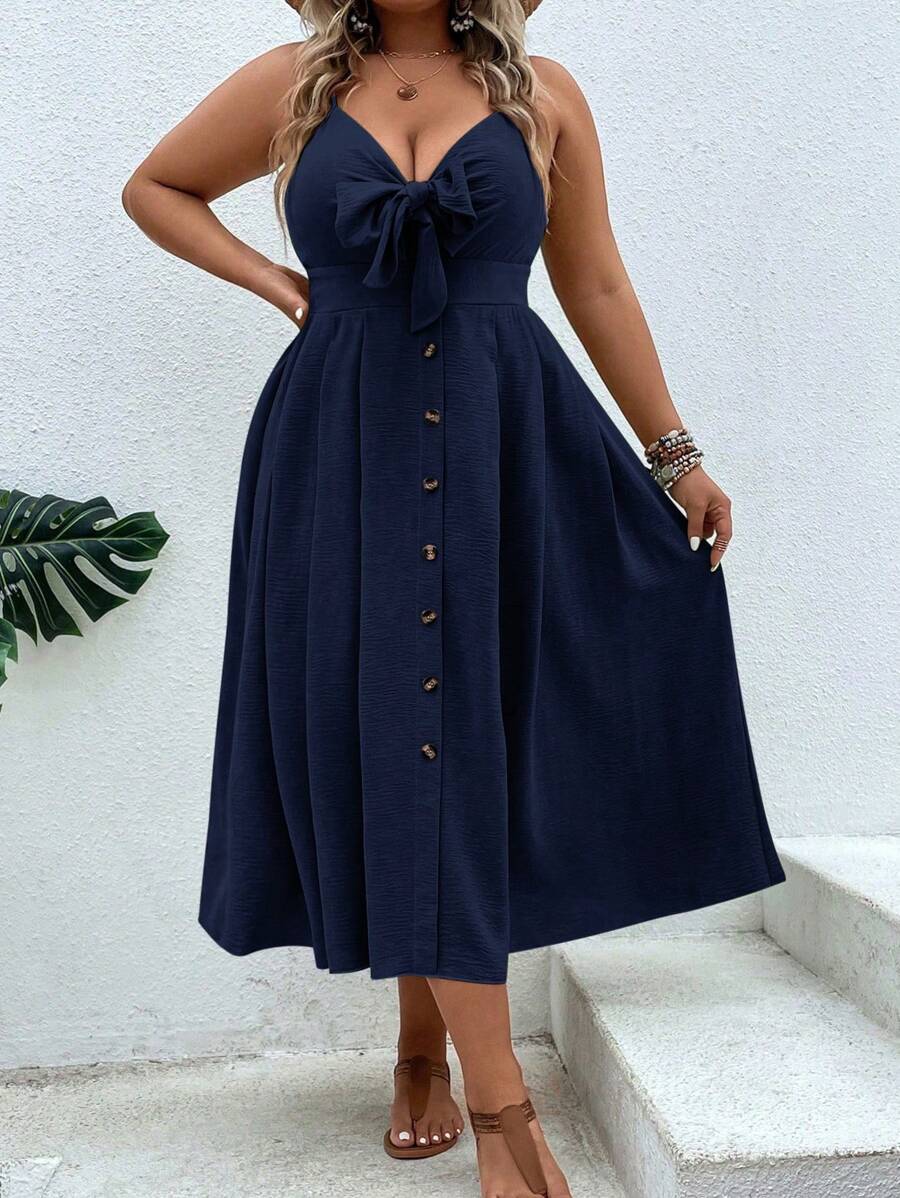 SHEIN Holidaya Đầm thường ngày màu trơn cỡ lớn có nơ trang trí dây mảnh phía trước - Màu xanh hải quân - Xem 1